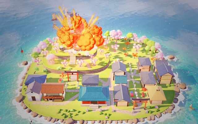 Japan Blossom: a pagoda island with cherry trees and torii gates, a bomb going off on the hilltop