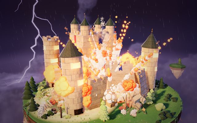 Storm Keep: lightning strikes a stone fortress at night and its towers burst apart