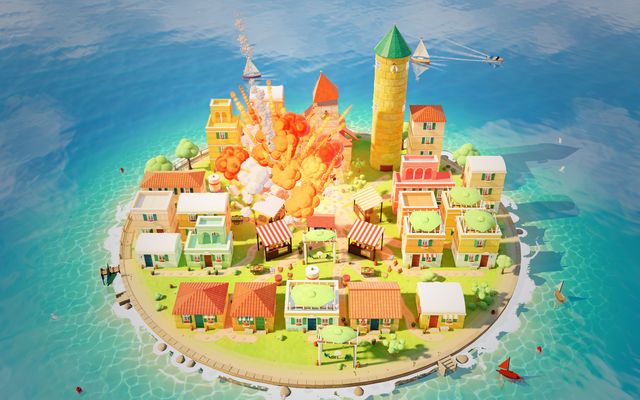 Lemon Coast: a seaside town of colourful houses on a tiny island, an explosion in the middle of the square