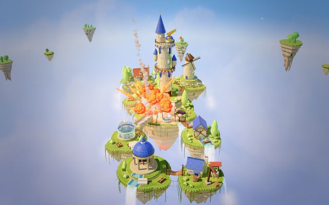 Moonspire Isles: a tower, a windmill and a domed chapel on floating islands above the clouds